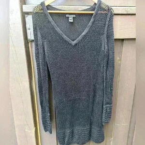 Mango Net V Neck Knit Long Sleeve Sweater - Large